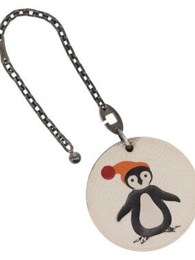 HERMES Penguin Bag Charm Leather White Brown Auth 157049